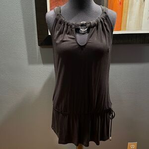 WHBM black stretch jersey drawstring waist keyhole silver ring neckline top. Med